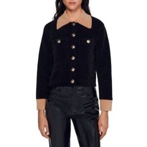 Sandro Marcello Velour Knit Black Camel Contrast Cropped Coatigan Gold Buttons S